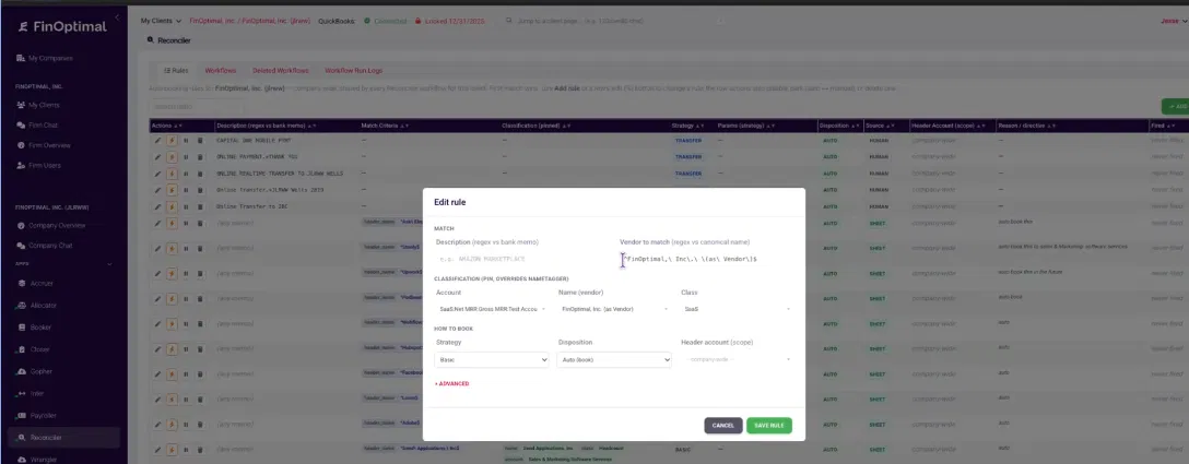FinOptimal Edit Rule screen for tuning match criteria, account, class, strategy and disposition