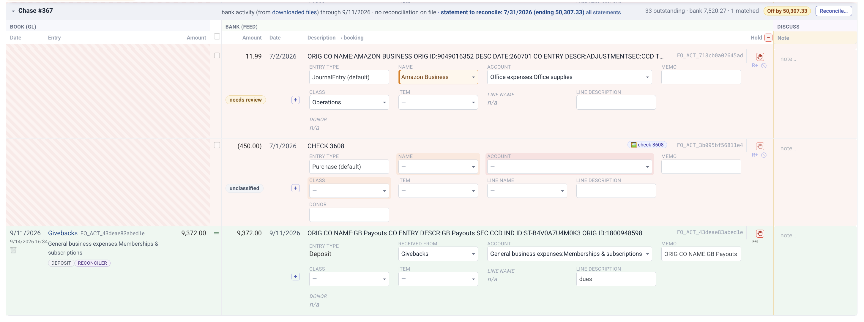 Reconciler view with books on the left and the bank feed on the right: a transaction needing review, an unclassified check, and a matched deposit