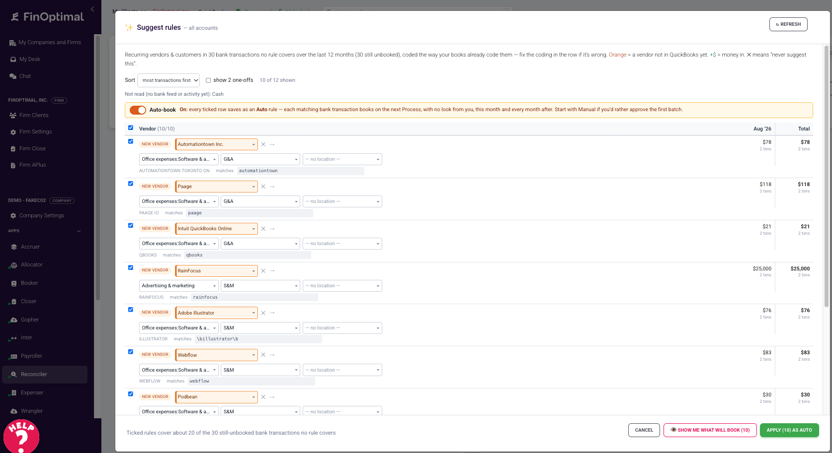 Suggest Rules results: recurring vendors with suggested account, class and location, an auto-book toggle, and a button to apply the rules