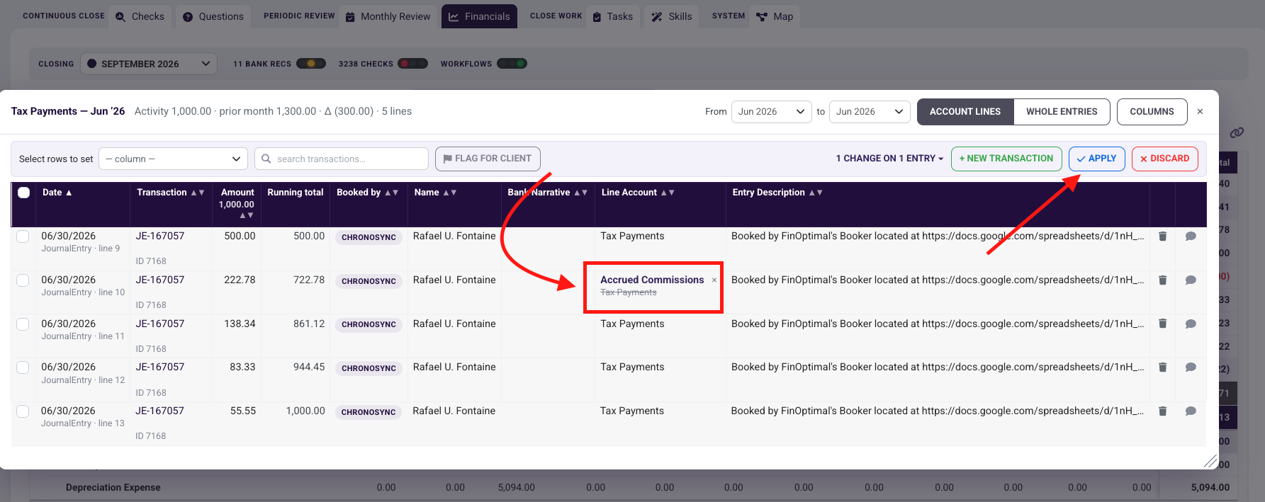 Drill-down into Tax Payments lines with the line account changed from Tax Payments to Accrued Commissions and the Apply button highlighted