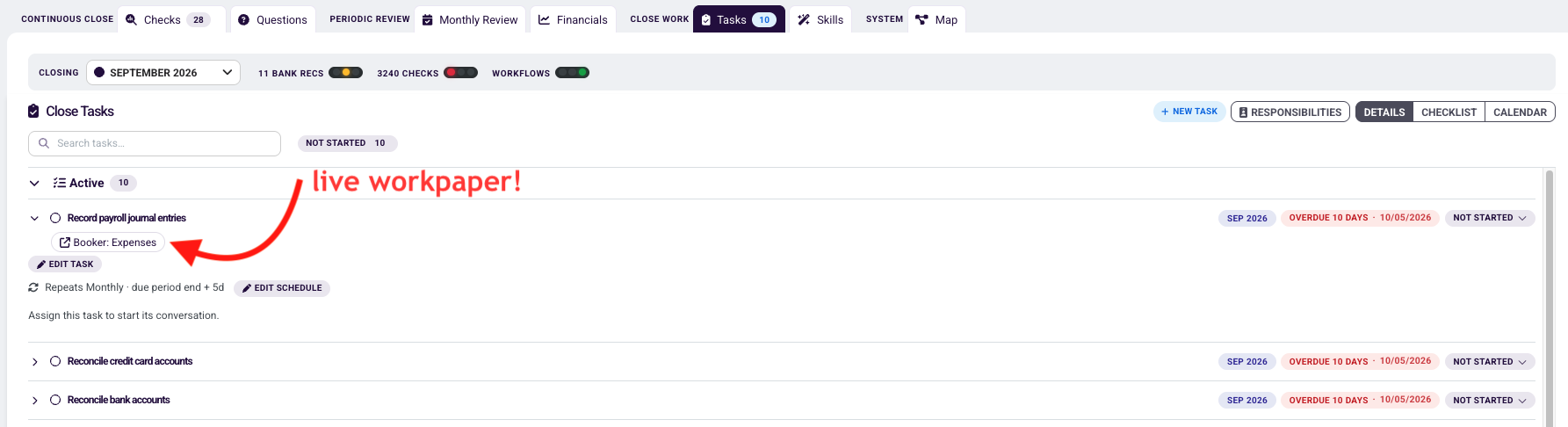 Closer close tasks for September 2026, with the Record payroll journal entries task expanded and linked to its live Booker workpaper