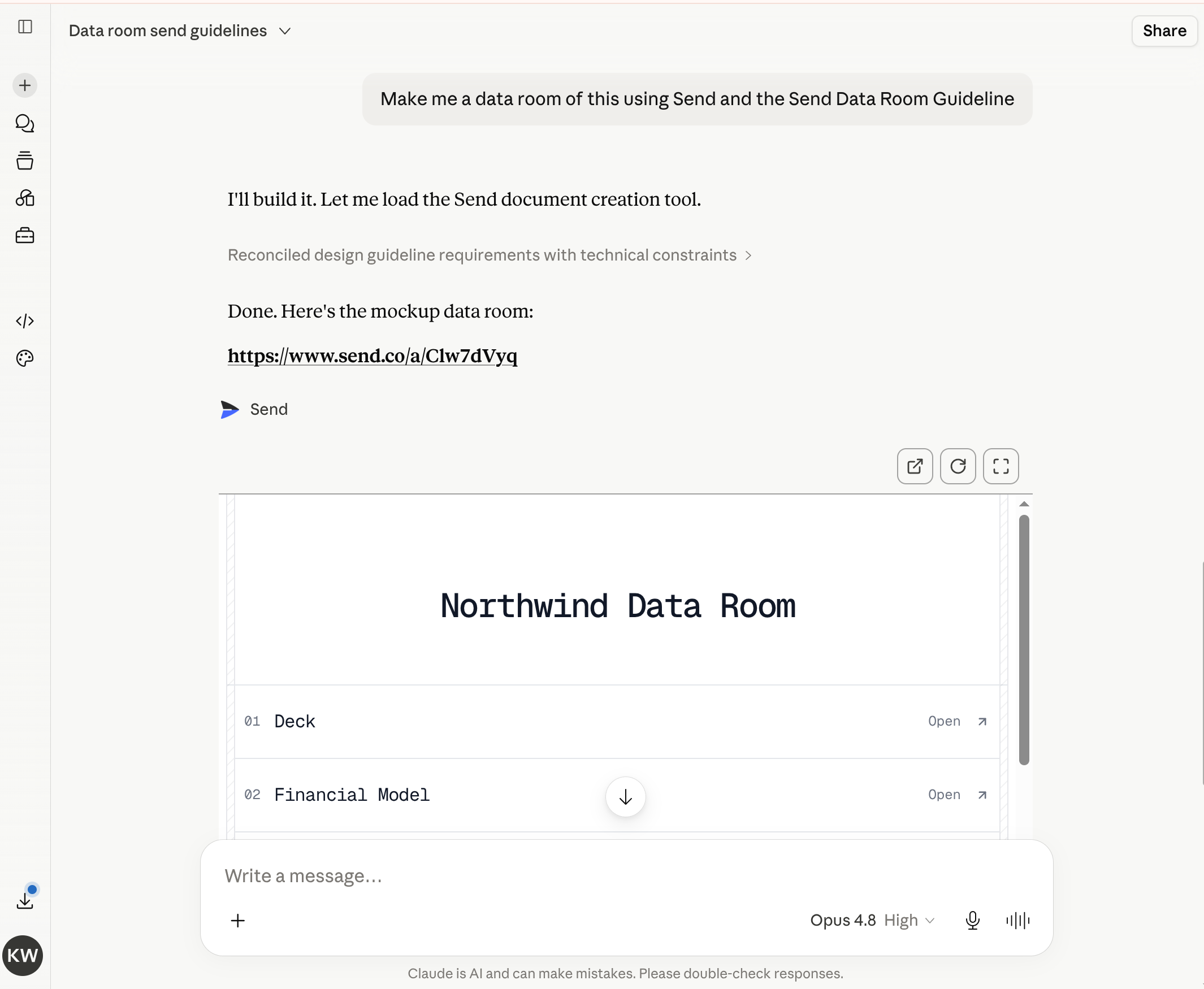 Claude building a data room in chat from a prompt, returning a Send link and a preview of the numbered index