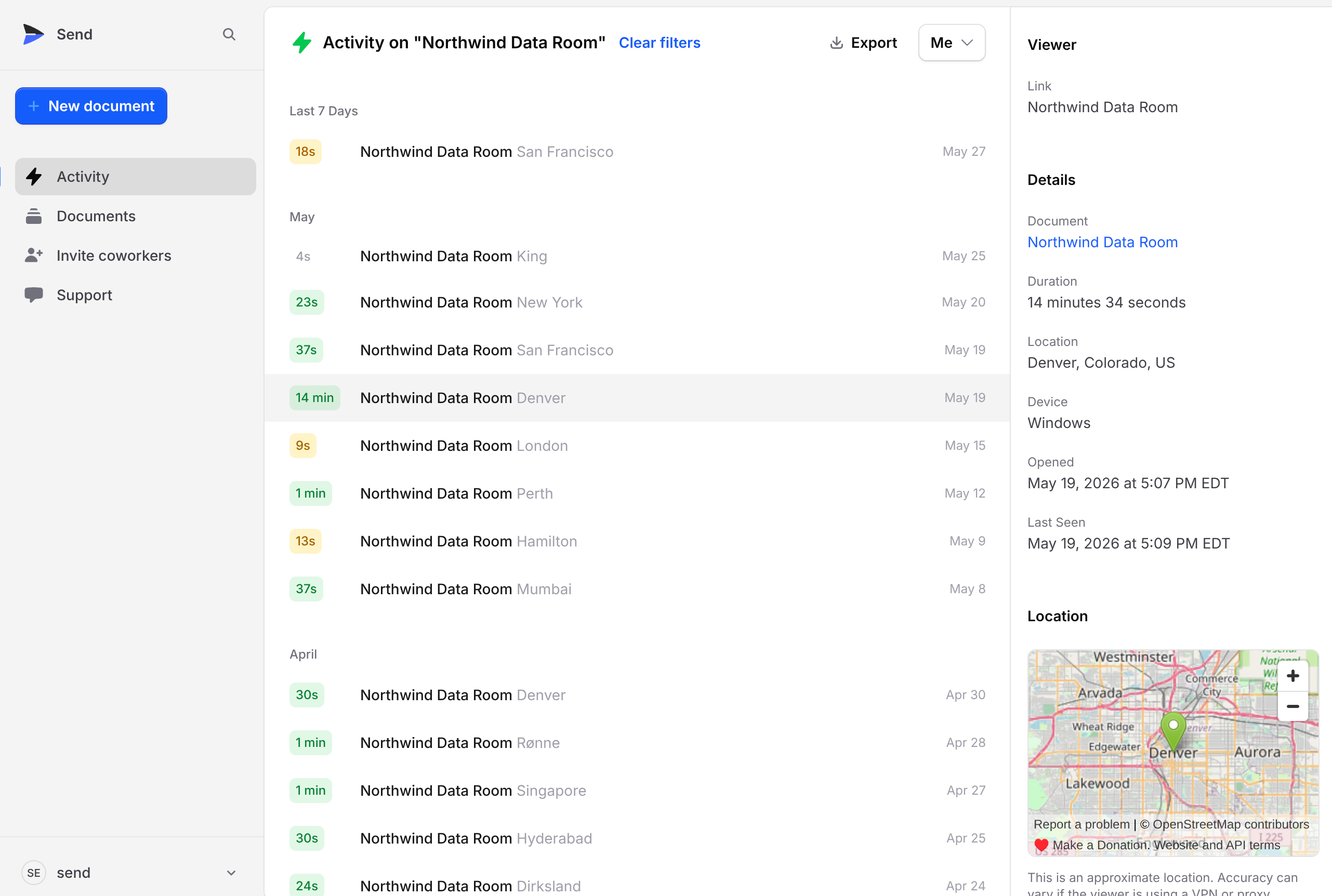 Send's activity view for a data room, showing each viewer's location, time spent, and the date they opened it